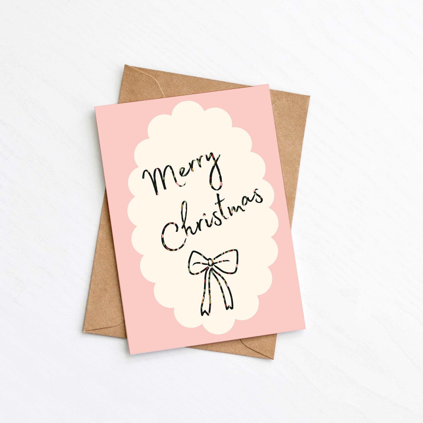 Merry Christmas Bow Greeting Card | Pink Festive Bow Card