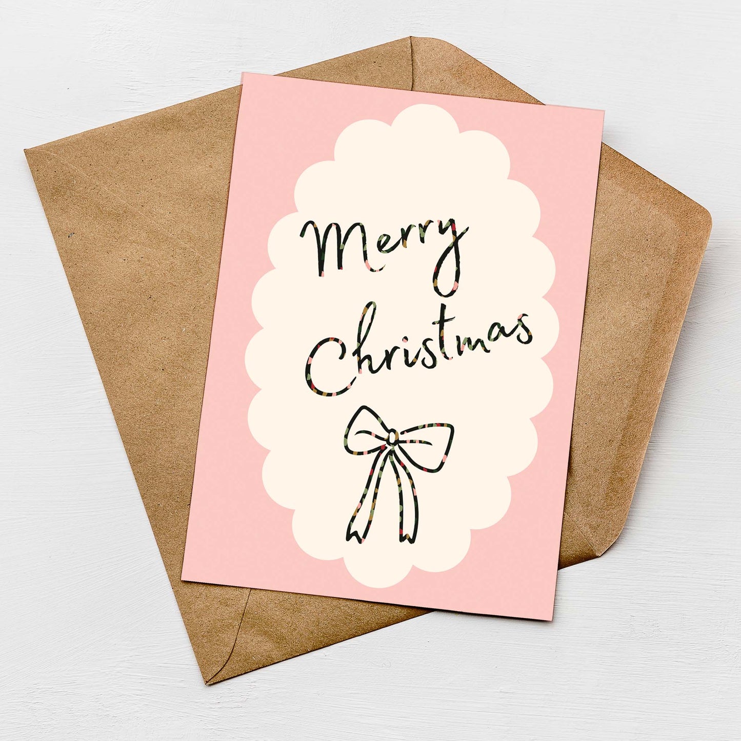 Merry Christmas Bow Greeting Card | Pink Festive Bow Card