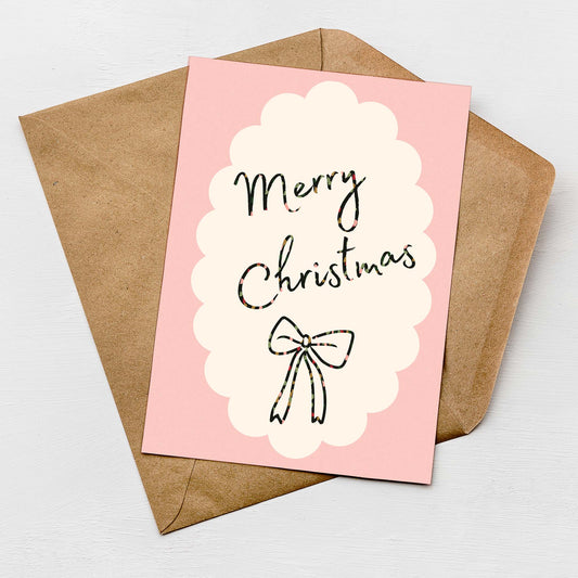 Merry Christmas Bow Greeting Card | Pink Festive Bow Card