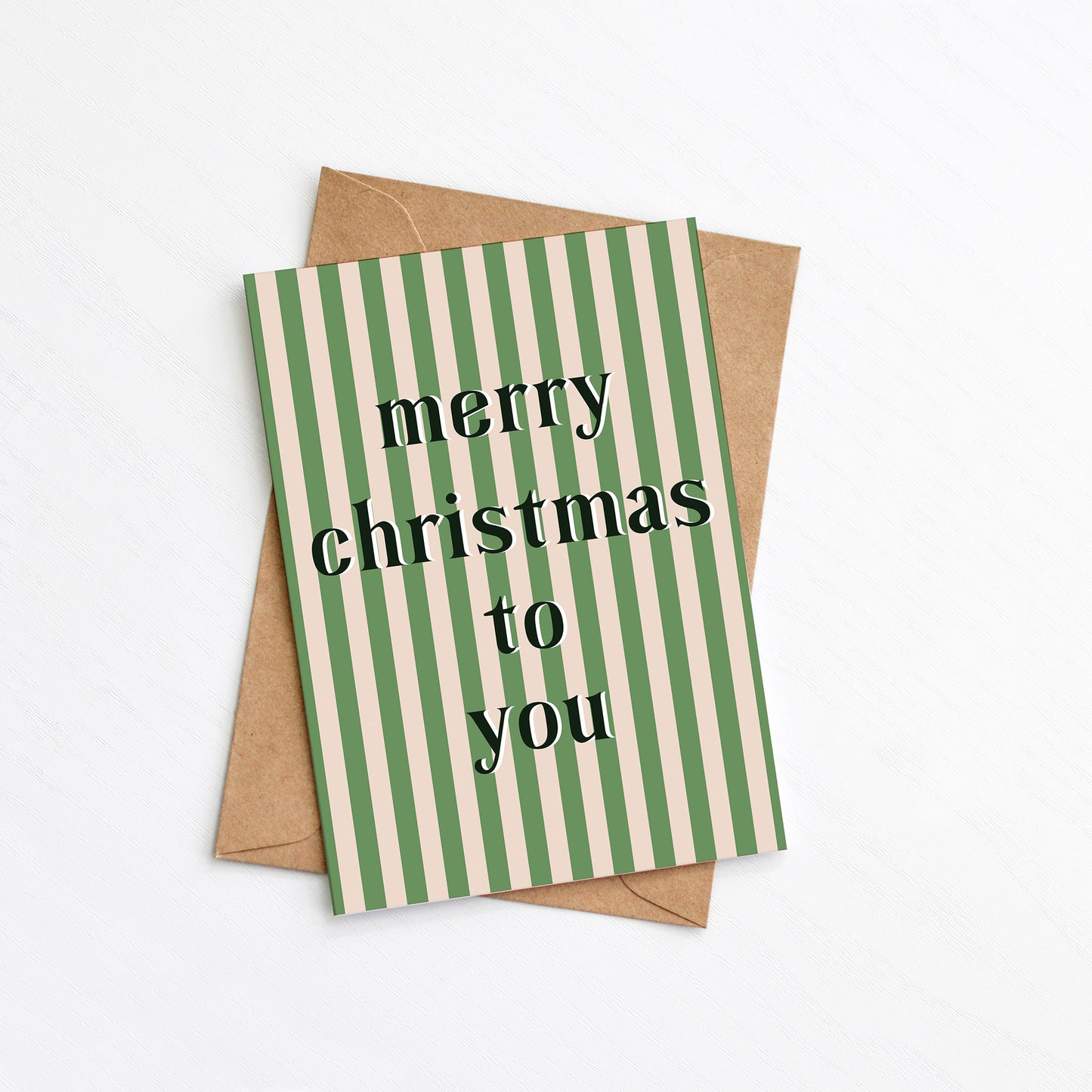 Merry Christmas To You Card with green and cream stripes by Greenwich Paper Studio