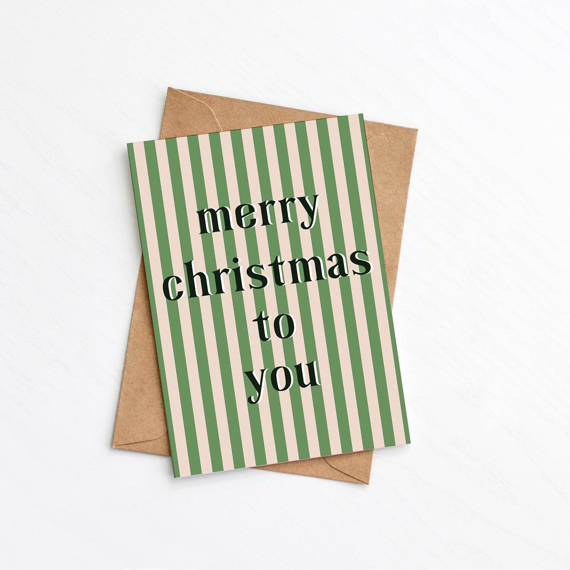 Merry Christmas To You Card with green and cream stripes by Greenwich Paper Studio