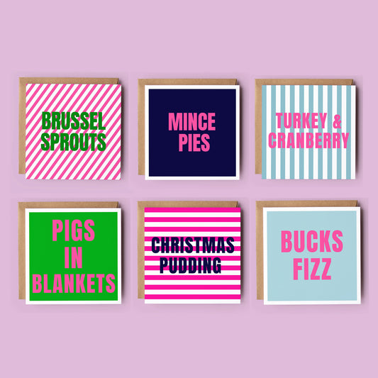 Modern Neon Christmas Card Set – Christmas Food Themed Cards (6 Pack)